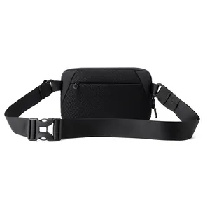Back view of black crossbody chest bag with breathable mesh and adjustable strap