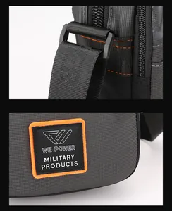 Detail view of water-resistant tactical crossbody bag with durable fabric and logo