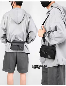 Dual view of nylon waist bag and crossbody bag showing multiple zip compartments