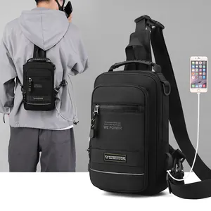 Men Waterproof Nylon Chest Bag With USB Charging Port Reflective Strip Tactical Crossbody Sling Bag Outdoor Travel Shoulder Bag