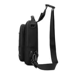 Black tactical sling bag with USB charging port made of durable nylon material