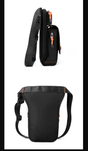 Detail of outdoor tactical leg bag with orange stitching and WE POWER nylon straps