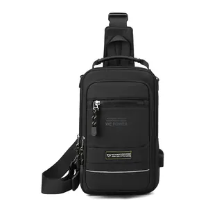 Black tactical sling bag with USB charging port and waterproof nylon fabric for men