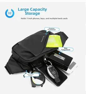 Internal storage detail of water-resistant waist bag showing 7-inch phone and card pockets