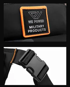 Close-up of tactical nylon bag showing brand label and durable plastic buckle details