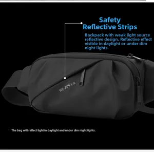 Detail of waterproof black waist bag featuring safety reflective strip and matte texture