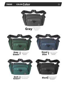 Détails de cinq variantes de couleurs et poches multiples de ce sac banane durable en nylon