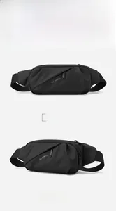 Detail view of water-resistant black waist bag with WE POWER print and pleated texture