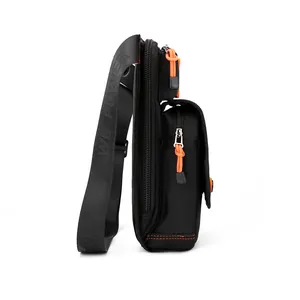 Outdoor cycling drop leg bag in black waterproof nylon with orange accents and many pockets
