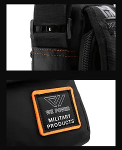 Detail of reinforced orange stitching and WE POWER military patch on black nylon bag