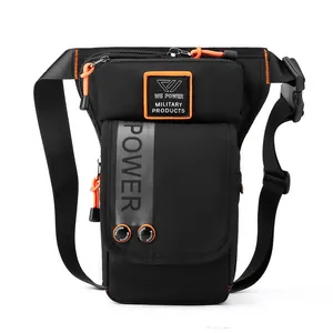 Tactical black nylon drop leg bag with orange accents and reflective power logo