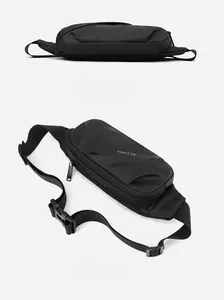 Detail of waterproof black sports waist bag with WE POWER logo and breathable mesh back
