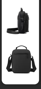 Close-up of waterproof matte nylon crossbody bag with embossed strap and multiple zip pockets