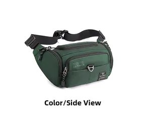 Vue latérale du sac banane sport en nylon vert foncé imperméable avec sangle réglable