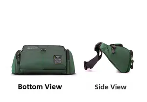 Détail du grand sac banane en nylon vert montrant la base et la structure latérale