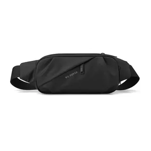 Waterproof black sports waist bag with WE POWER lettering and adjustable strap