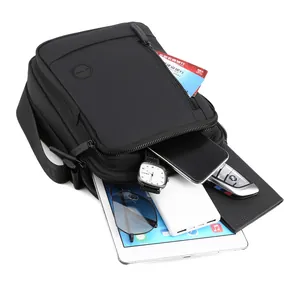 Black waterproof crossbody bag for men showing large capacity storage with tablet