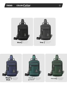 Detailed view of durable nylon chest bags in black, grey, blue, and green with USB ports