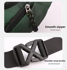 Détail de la fermeture éclair noire et boucle en nylon sur le sac de taille décontracté vert