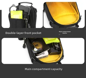 Detail showing dual front zipper pockets and high-capacity yellow lining interior of the bag