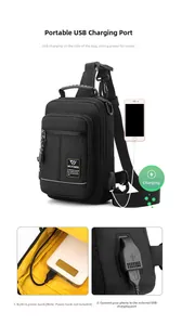 Detail of multi-functional black chest bag featuring integrated USB charging port on the side