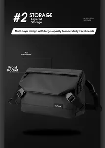Macro detail of the multi-layer storage system and flap design of this black messenger bag