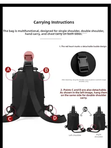 Detailed view of black nylon chest bag showing multiple D-ring attachments and versatile straps