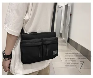 Close-up of black nylon crossbody bag with dual 3D pockets and adjustable strap