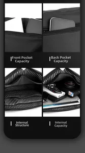 Detail view of internal compartments and front-back pockets of black functional messenger bag