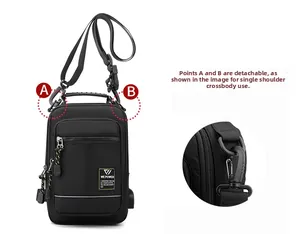 Detail of detachable shoulder strap with plastic hooks on a black nylon crossbody chest bag