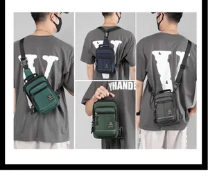 Detailed views of multi-color waterproof nylon chest bags with adjustable straps and handles