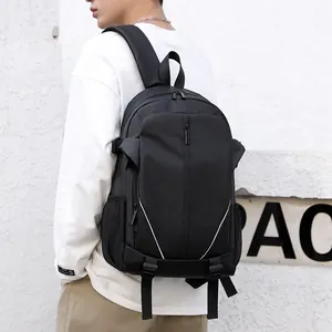 Waterproof black travel backpack for men featuring reflective safety strips and side mesh pockets