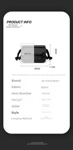 Technical details showing black nylon crossbody bag dimensions 30x20x11cm fitting 9.7 inch iPad