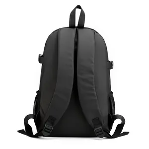 Black water-resistant travel backpack with ergonomic S-shape straps and side mesh pockets