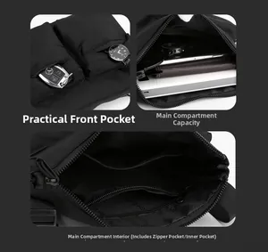 Internal compartments and large capacity of black nylon crossbody bag for daily essentials