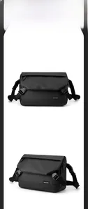 Dual view of black waterproof messenger bag with functional buckles and smart storage