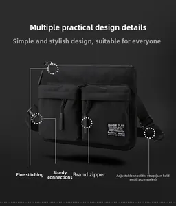 Detail view of tactical crossbody bag showing reinforced stitching and branded zippers