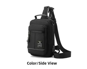 Close-up of black nylon chest bag featuring a side USB charging port and multiple zippers