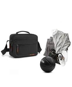 Large capacity black crossbody bag shown with sports gear including a basketball and shoes