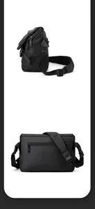 Macro detail of black matte waterproof crossbody bag with wide strap and metal hardware