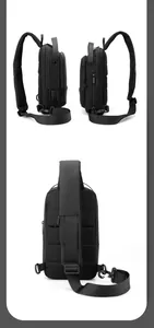 Détail du port USB et du dos en maille respirante sur le sac de poitrine noir imperméable