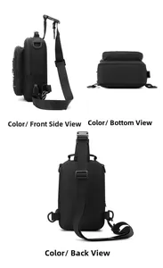 Three views of black nylon chest bag showing side, bottom and back details with USB port