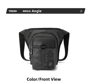 Vue détaillée du sac de jambe tactique camouflage noir avec sangles réglables et logo