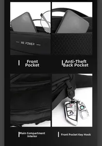 Detail view of tactical chest bag showing multi-pocket storage and theft-proof zipper