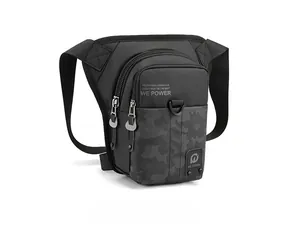 Détail du sac de jambe tactique noir avec texture camouflage et fermetures éclair robustes