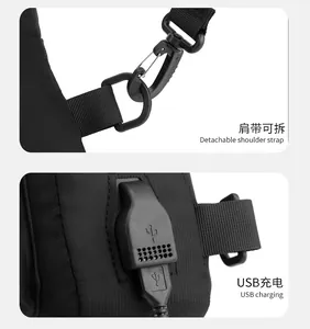 Detail of durable nylon chest bag with detachable shoulder strap and USB charging port