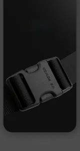 Detail of durable black matte plastic buckle with We Power logo and nylon strap