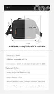 Detailed size specifications and multi-pocket layout for this black nylon crossbody bag