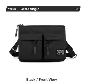 Detailed front view of black nylon crossbody bag featuring dual zippered pockets and strap