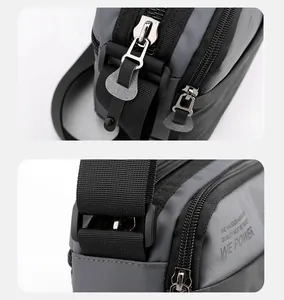 Details glatter Metallreißverschlüsse und verstärkter Schultergurt an Oxford-Tasche
